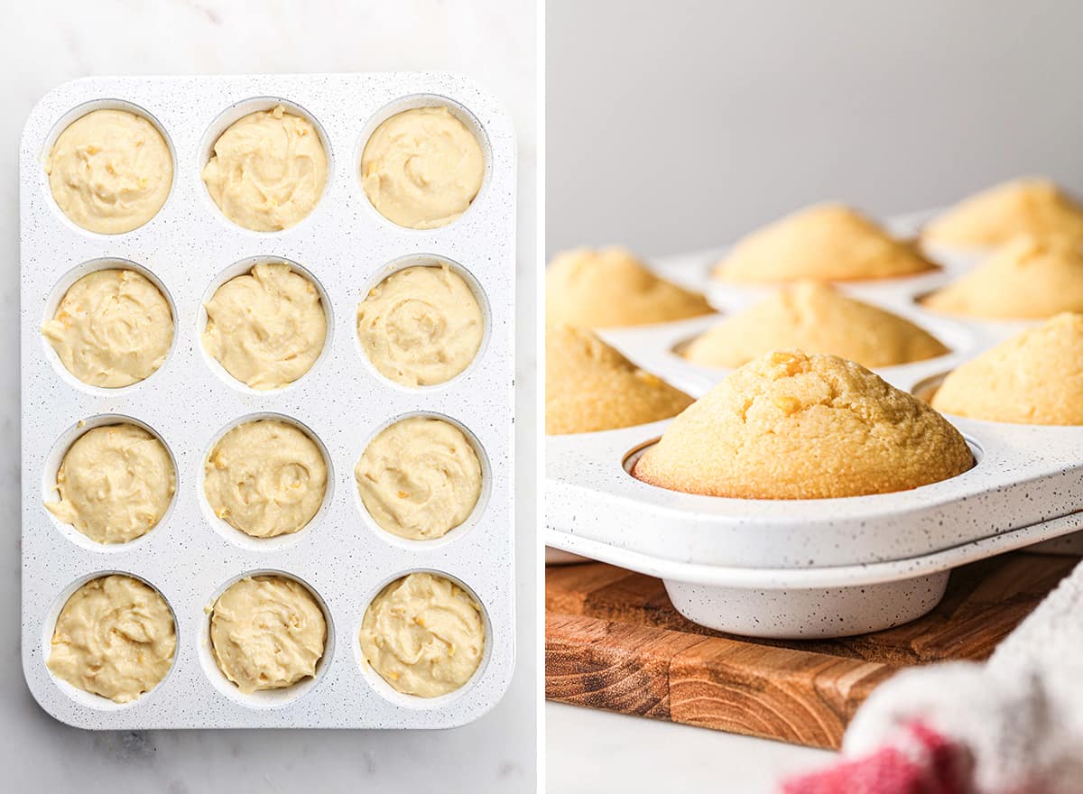 two overhead photos showing How to Make Cornbread Muffins - in the muffin pan before and after baking