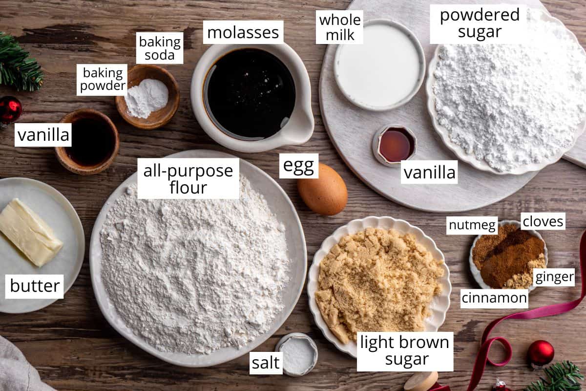 overhead photo of the labeled ingredients in this Gingerbread Cookie recipe