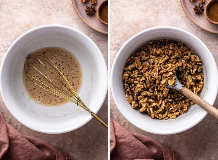 two photos showing How to Make Candied Walnuts - whisking egg white & vanilla and coating walnuts