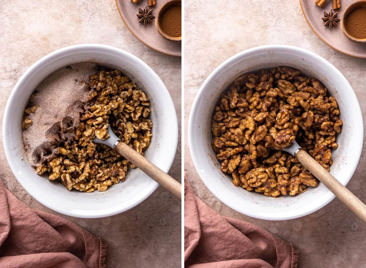 two photos showing How to Make Candied Walnuts - adding dry ingredients