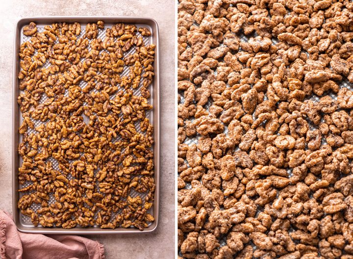 two photos showing How to Make Candied Walnuts - before baking on a baking sheet and after
