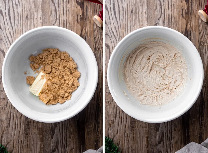 two photos showing How to Make Gingerbread Cookies - creaming together butter and brown sugar