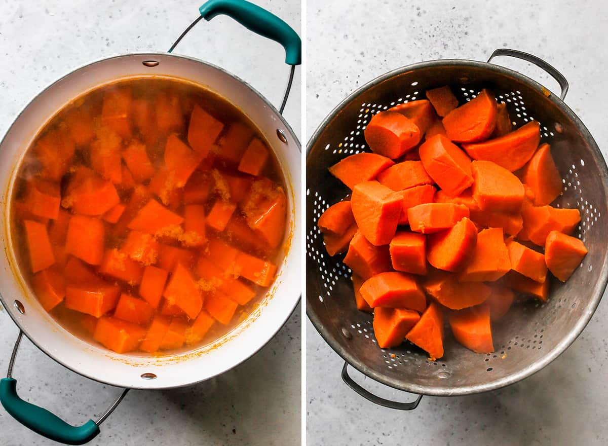 two photos showing How to Make Mashed Sweet Potatoes - boiling in a pot and straining in a colander
