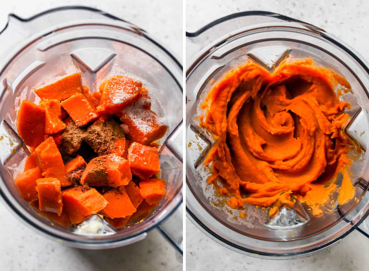 two photos showing How to Make Mashed Sweet Potatoes  - blending in a Vitamix