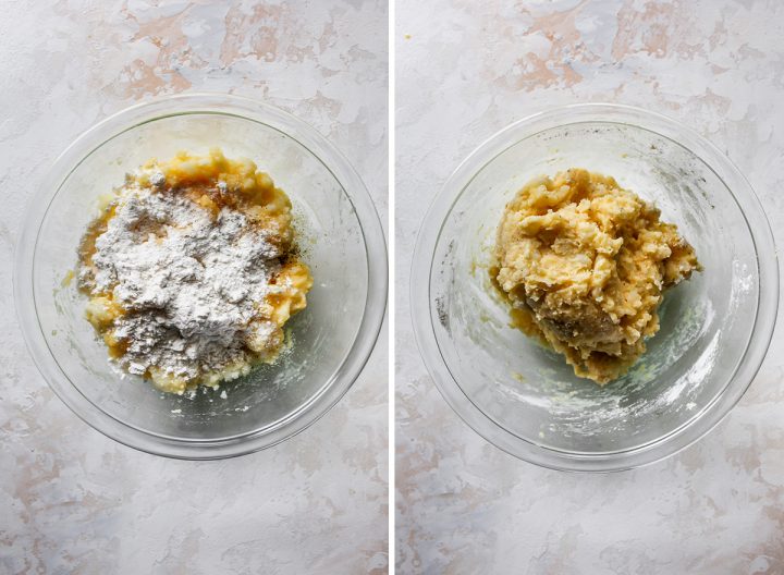 two photos showing How to Make Potato Pancakes - adding spices and dry ingredients