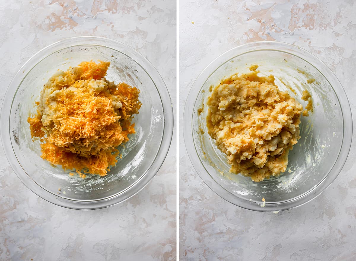 two photos showing How to Make Potato Pancakes - adding cheese and then the final mixture
