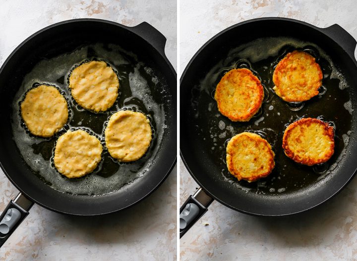 two photos showing How to Make Potato Pancakes frying in a skillet 