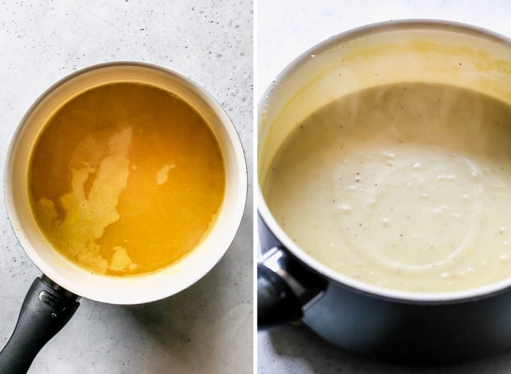 two photos showing How to Make Turkey Pot Pie sauce