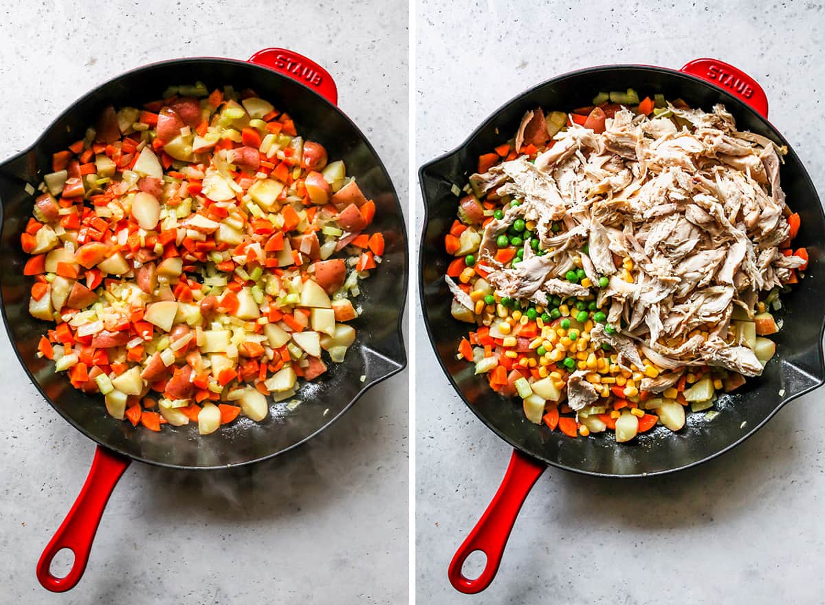 two photos showing How to Make Turkey Pot Pie filling