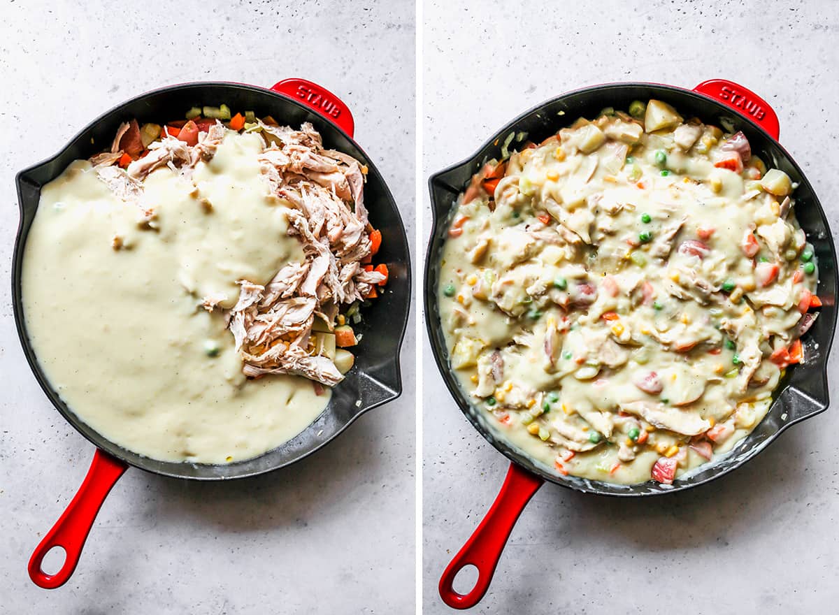 two photos showing How to Make Turkey Pot Pie filling