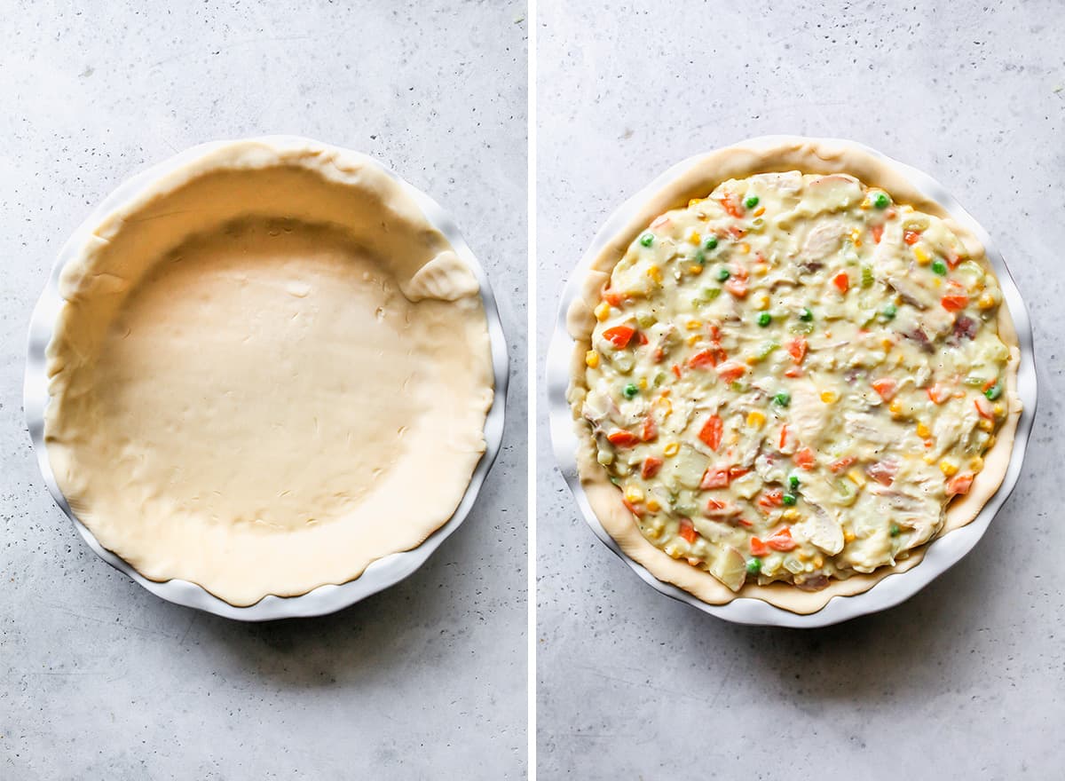 two photos showing how to assemble a leftover turkey pot pie