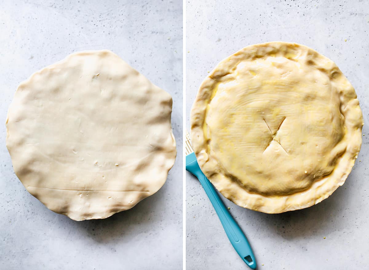 two photos showing how to assemble a leftover turkey pot pie - adding the top crust and egg wash