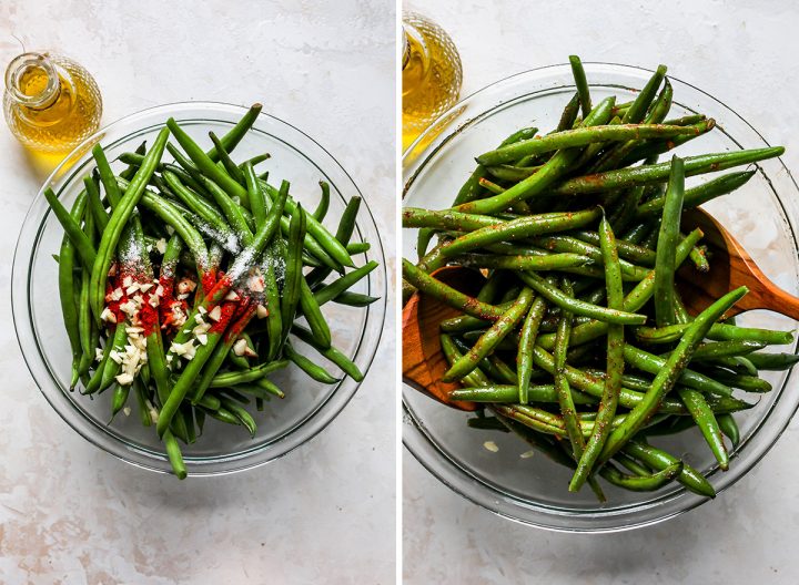 two photos showing How to Roast Green Beans - tossing with spices and garlic