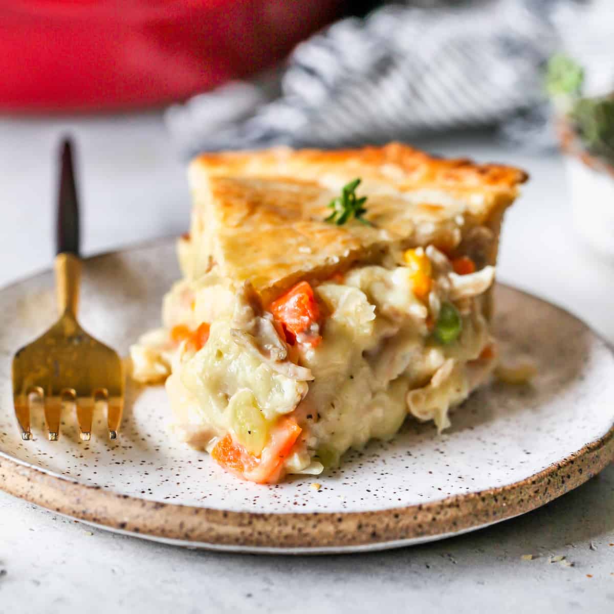 front view of a slice of Turkey Pot Pie on a plate