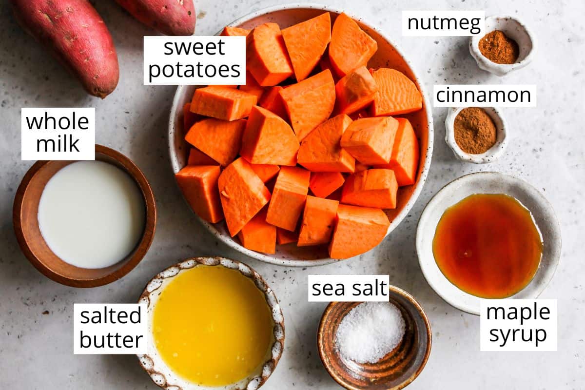 overhead view of the labeled ingredients in this Mashed Sweet Potatoes recipe