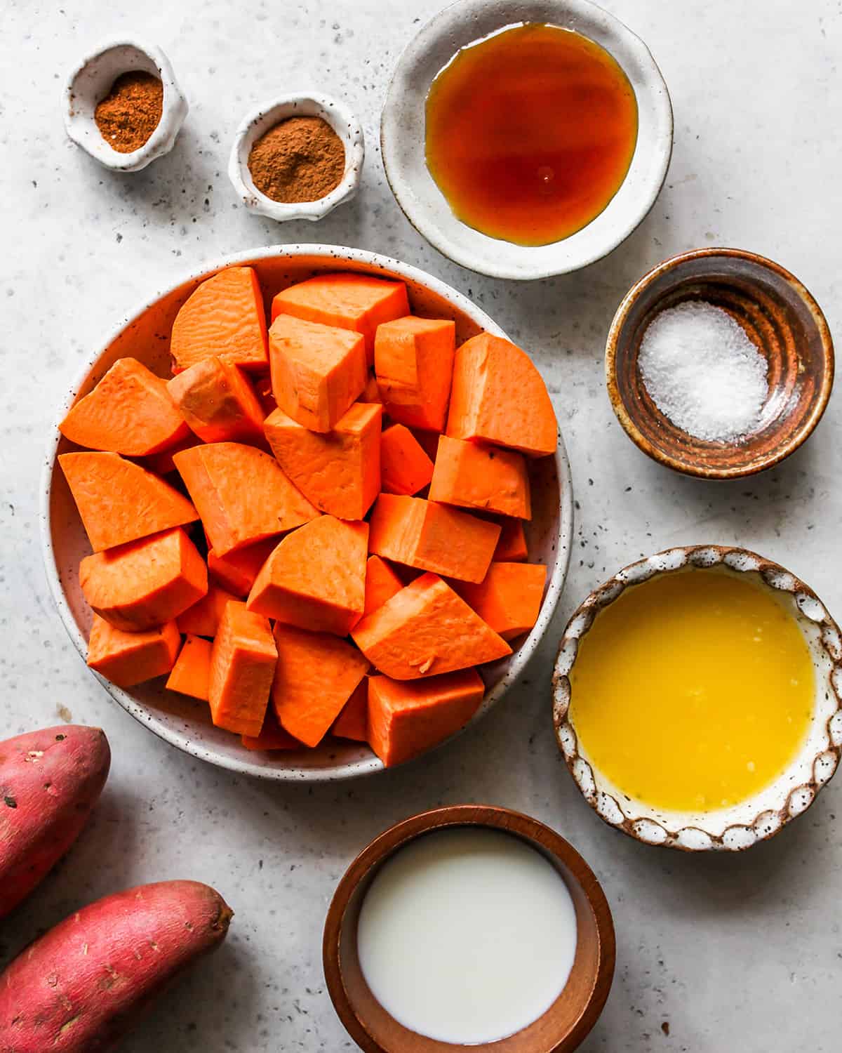 overhead view of the ingredients in this Mashed Sweet Potatoes recipe