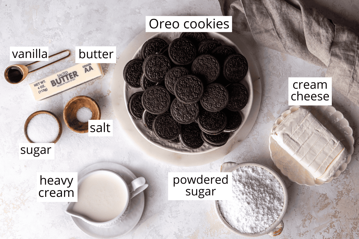 overhead photo of the labeled ingredients in this Oreo Pie recipe