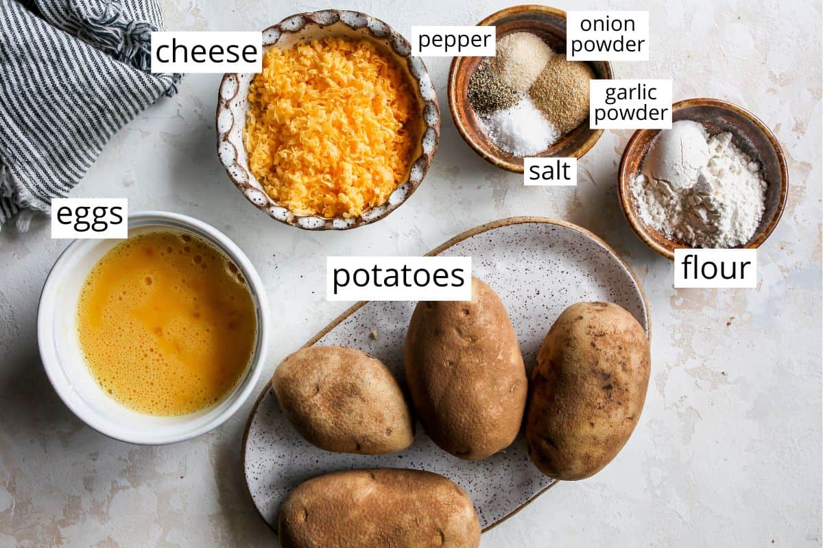 overhead view of the labeled ingredients in this Potato Pancakes recipe