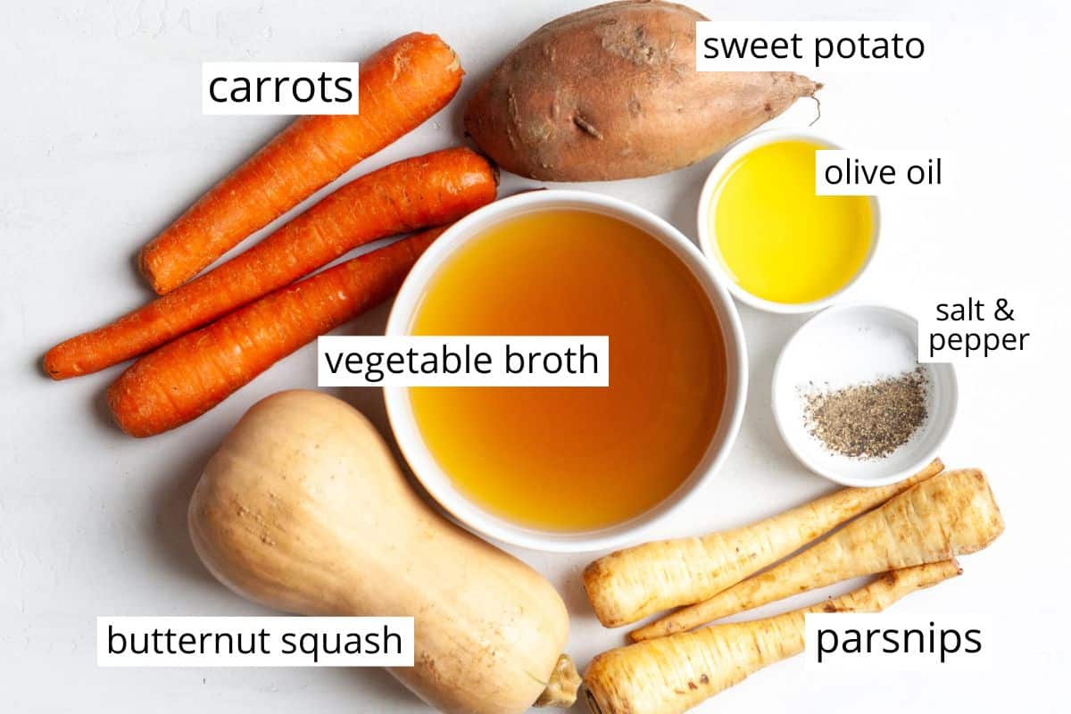 overhead photo of the labeled ingredients in this Roasted Vegetable Soup recipe