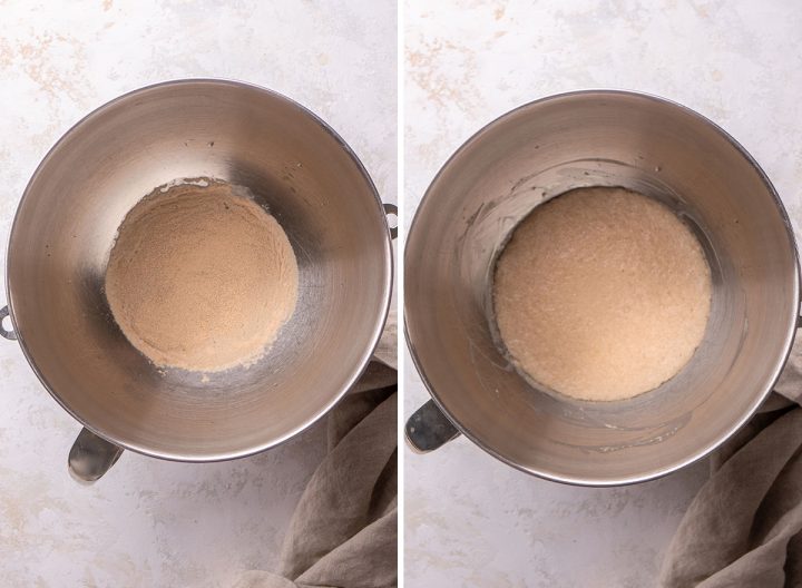 two photos showing How to Make Whole Wheat Rolls - proofing the yeast