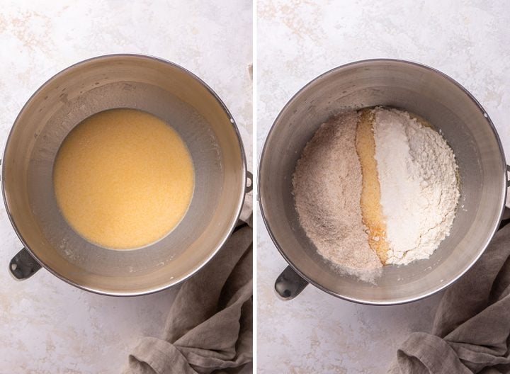 two photos showing How to Make Whole Wheat Rolls - adding wet and dry ingredients 