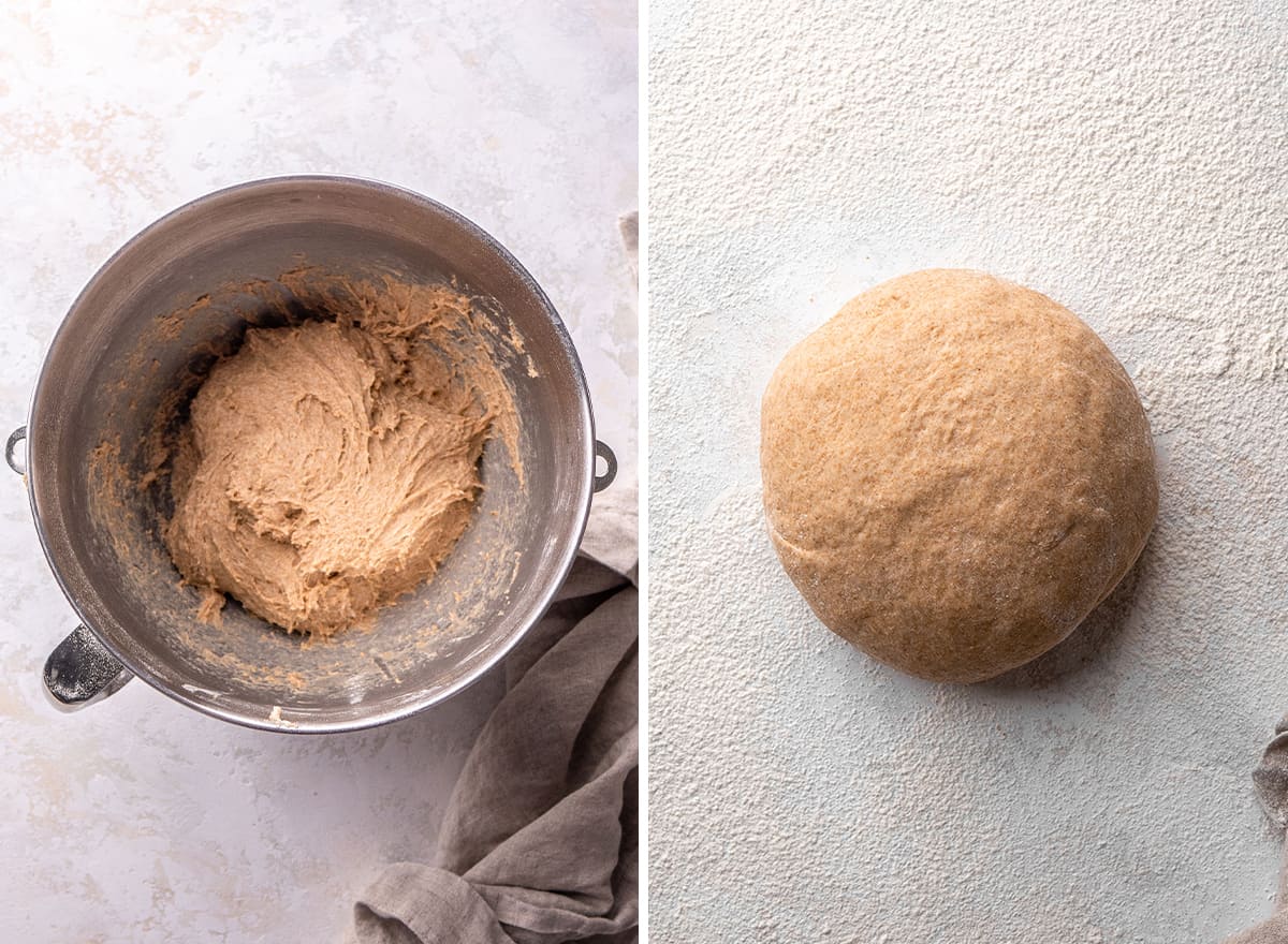 two photos showing How to Make Whole Wheat Rolls - forming dough into a ball