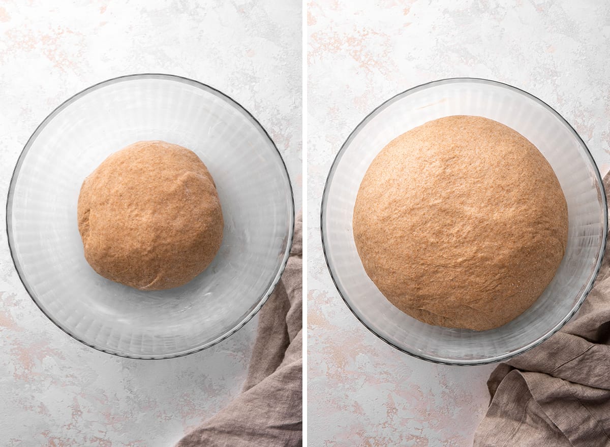 two photos showing How to Make Whole Wheat Rolls - the dough before and after rising in a bowl