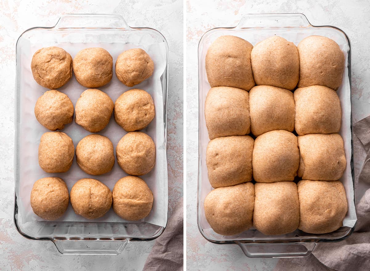 two photos showing How to Make Whole Wheat Rolls - before and after rising in a baking dish 