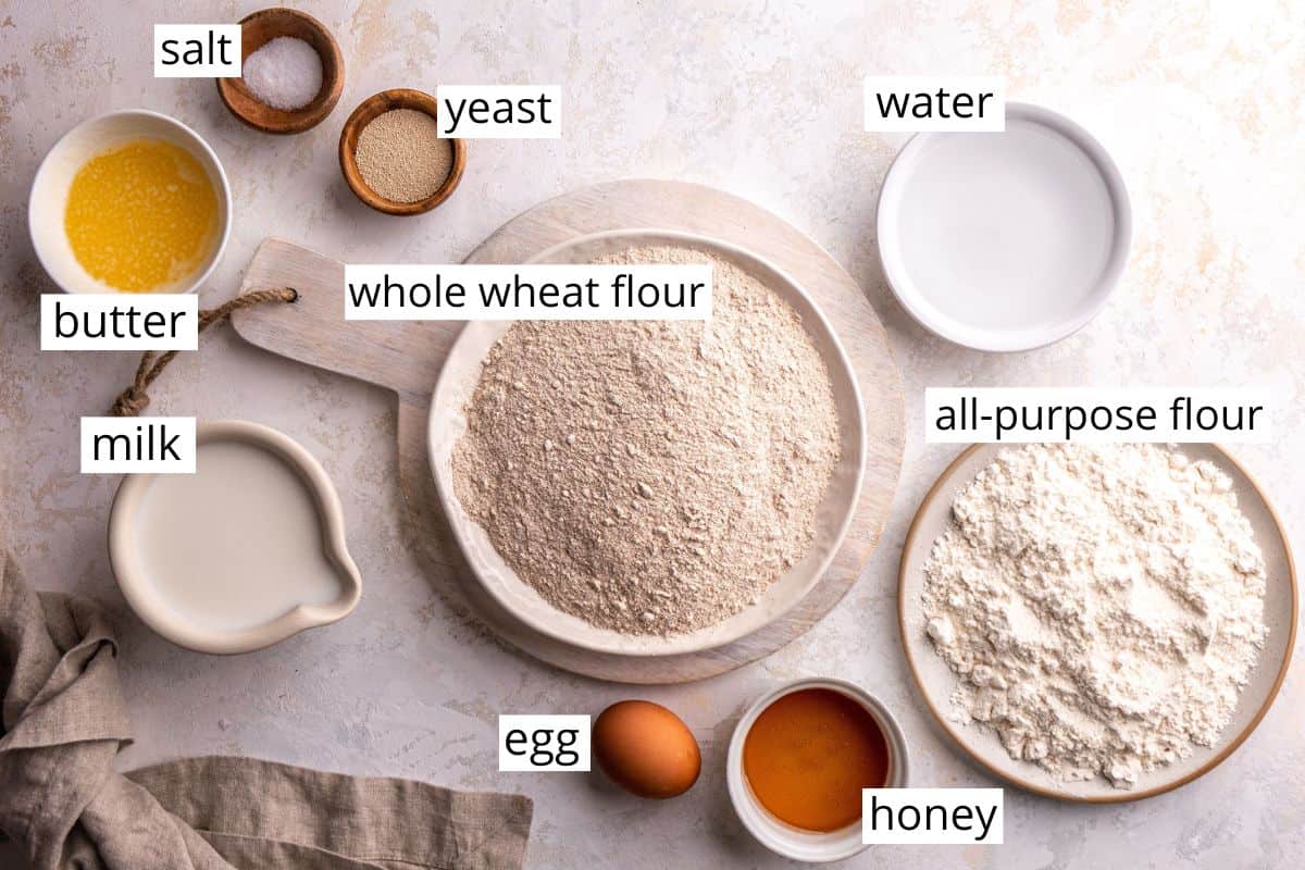 overhead photo of the ingredients in this whole wheat rolls recipe
