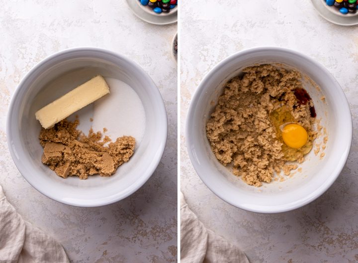 two photos showing How to Make M&M Cookie Bars- combining wet ingredients & sugars