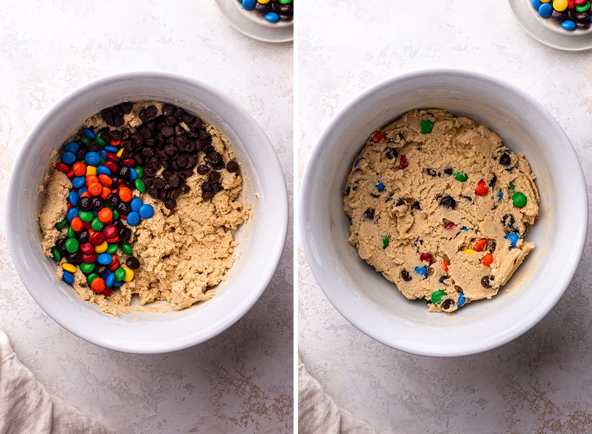 two photos showing How to Make M&M Cookie Bars - adding chocolate chips and M&Ms