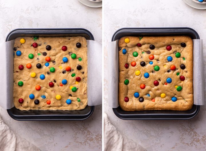 two photos showing How to Make M&M Cookie Bars - before and after baking in a baking pan