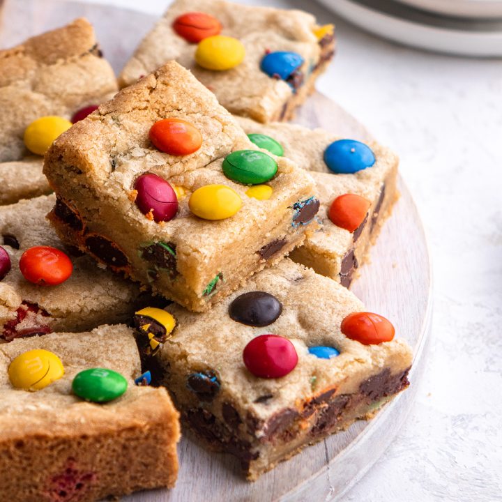 7 M&M Cookie Bars on a plate 