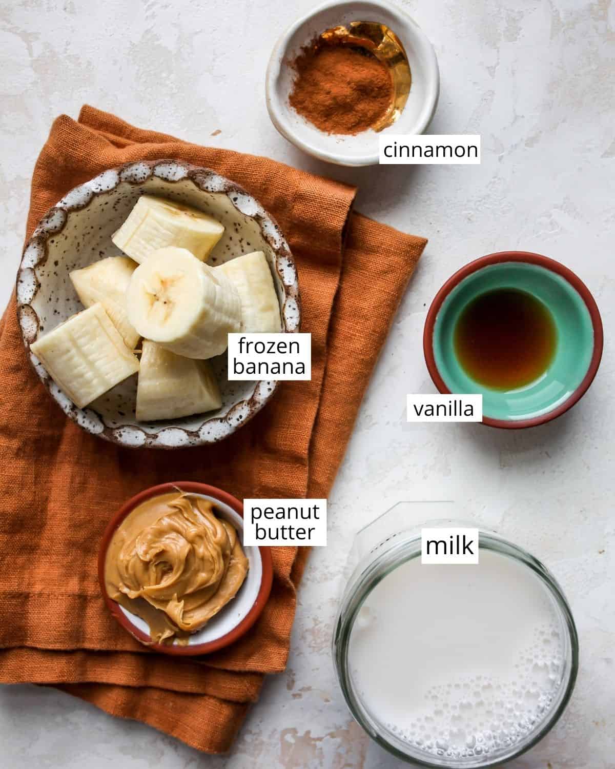 overhead view of the ingredients in this peanut butter smoothie recipe