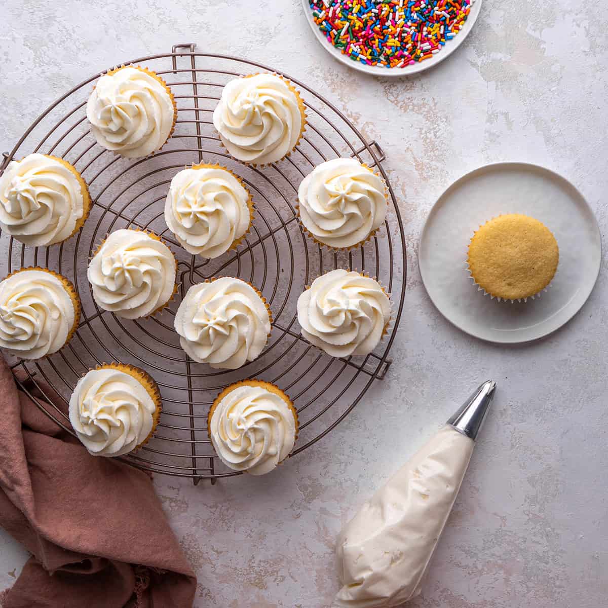two photos showing How to Make Vanilla Cupcakes - frosting the cupcakes