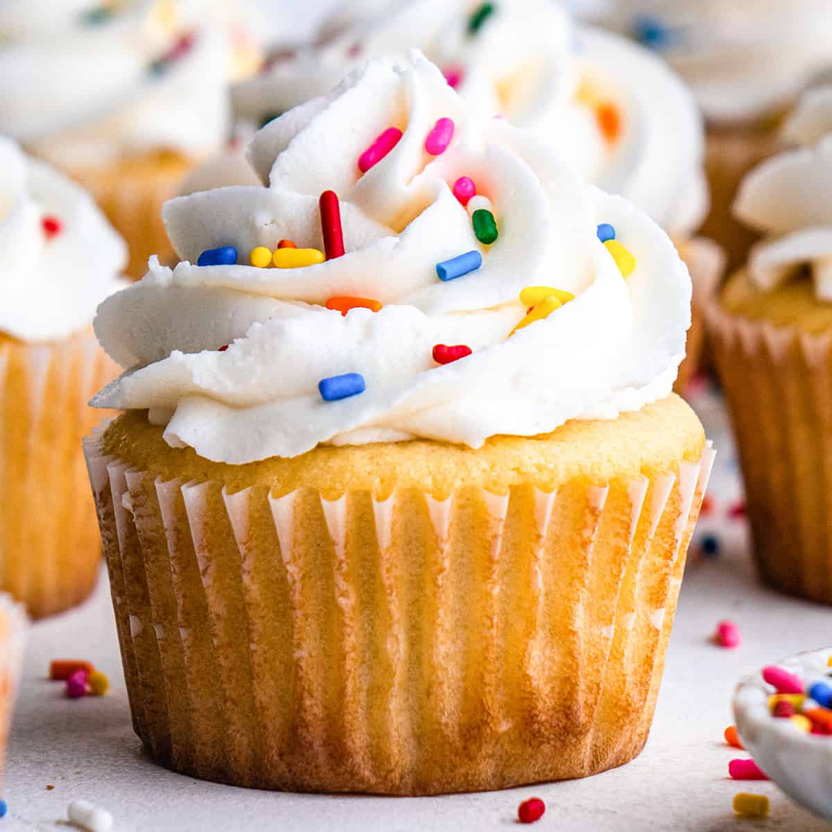 a Vanilla Cupcake topped with white frosting and sprinkles