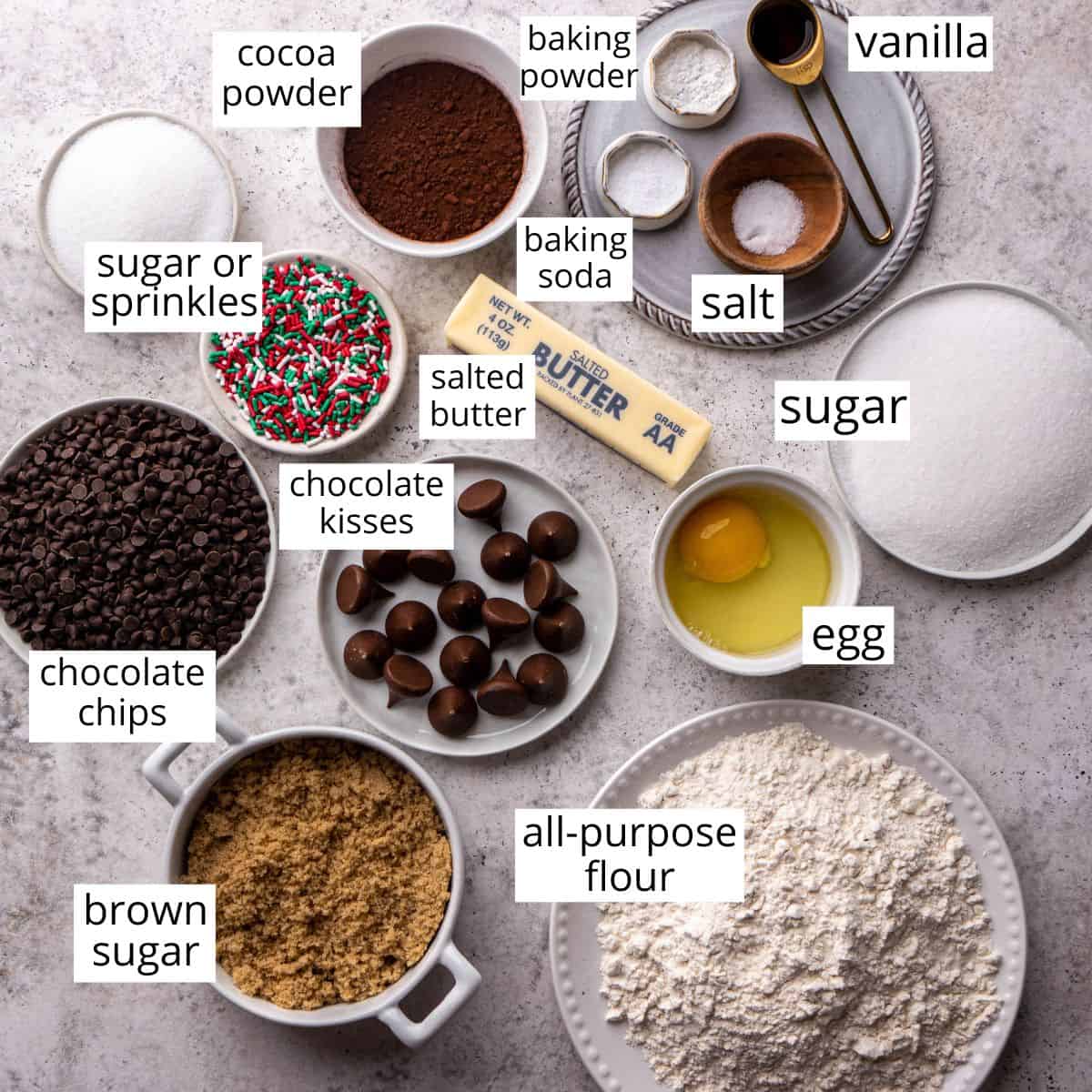 overhead view of the labeled ingredients in this Chocolate Kiss Cookies recipe