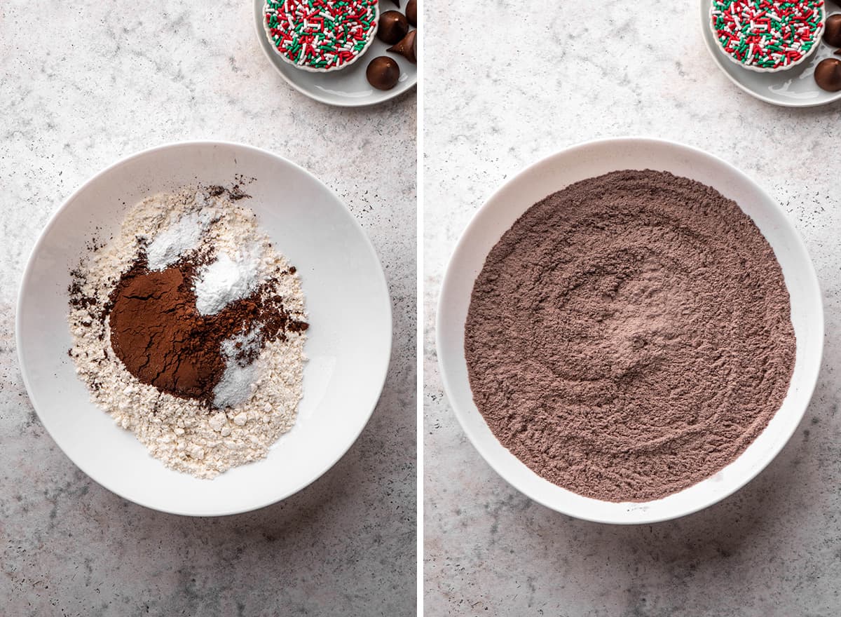 two photos showing How to Make Chocolate Kiss Cookies - combining dry ingredients