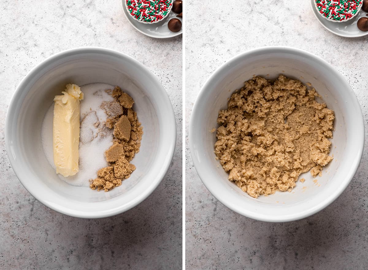 two photos showing How to Make Chocolate Kiss Cookies - beating sugars and butter