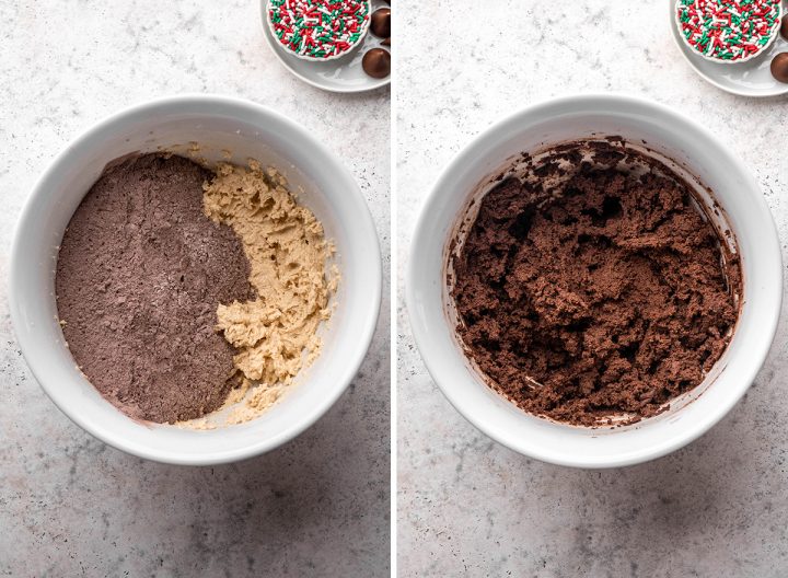 two photos showing How to Make Chocolate Kiss Cookies - combining wet and dry ingredients