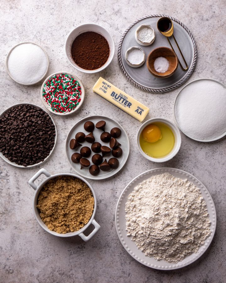 overhead view of the ingredients in this Chocolate Kiss Cookies recipe