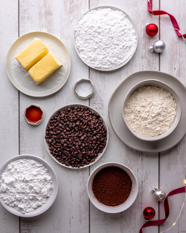 overhead view of the ingredients in this Chocolate Snowball Cookies recipe