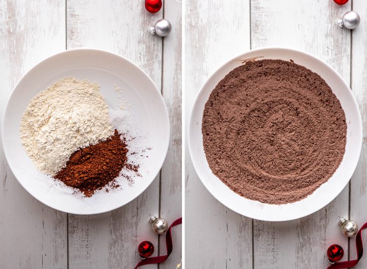 two photos showing How to Make Chocolate Snowball Cookies - combining dry ingredients