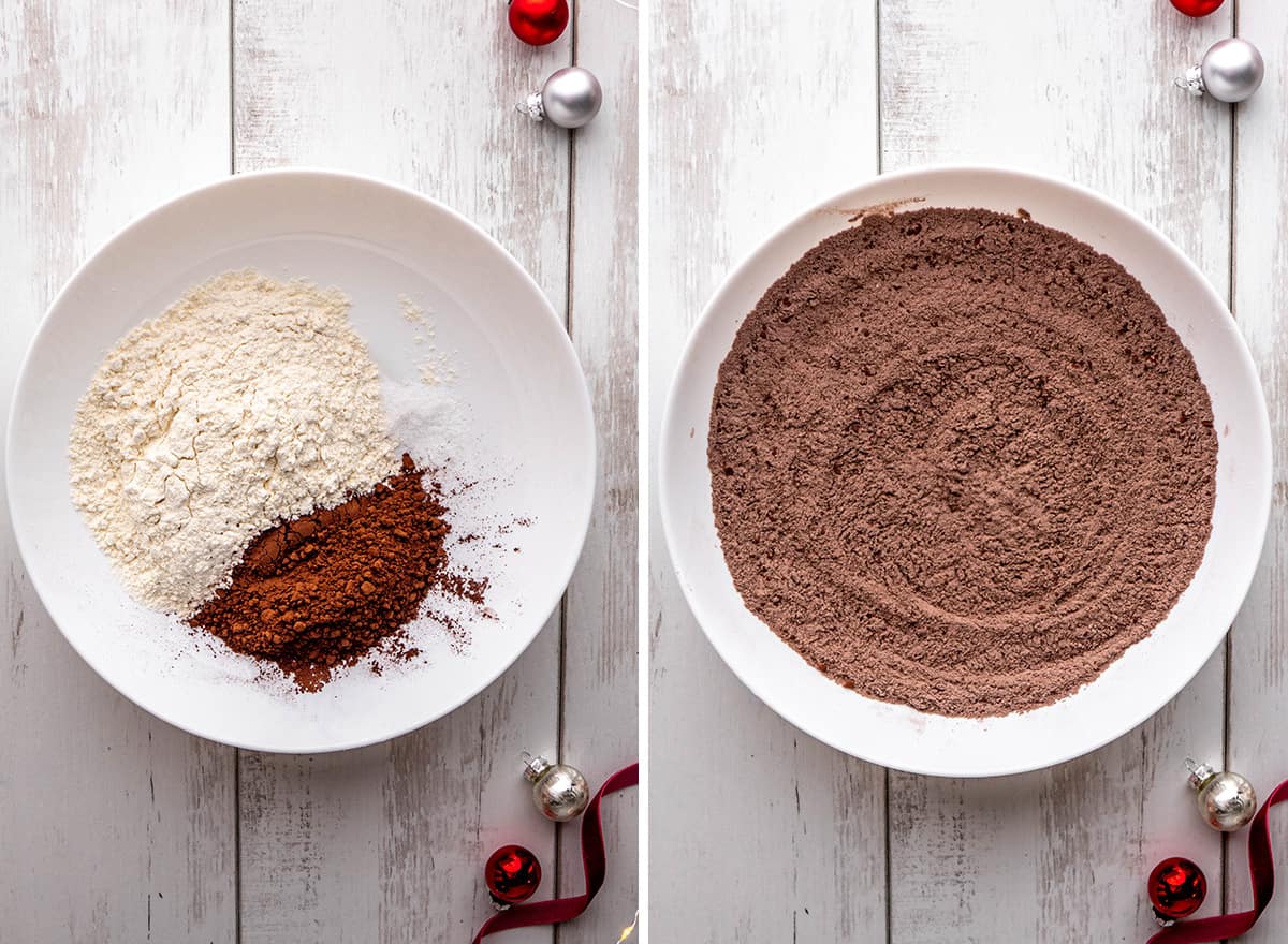 two photos showing How to Make Chocolate Snowball Cookies - combining dry ingredients