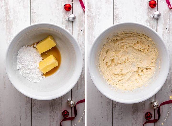 two photos showing How to Make Chocolate Snowball Cookies - beating butter, vanilla and powdered sugar