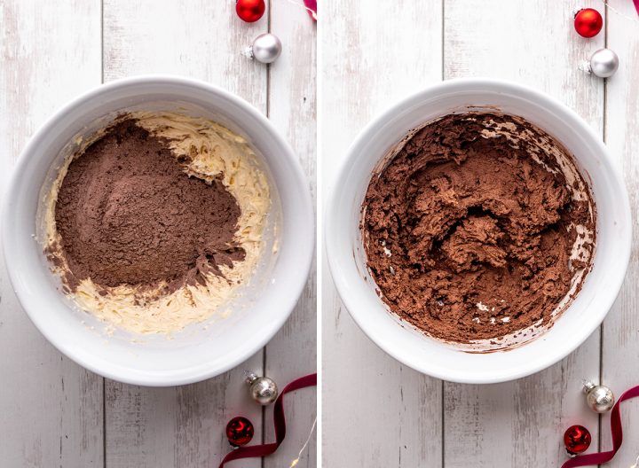 two photos showing How to Make Chocolate Snowball Cookies - combining dry and wet ingredients