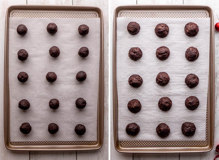 two photos showing How to Make Chocolate Snowball Cookies - dough balls on a baking sheet before and after baking