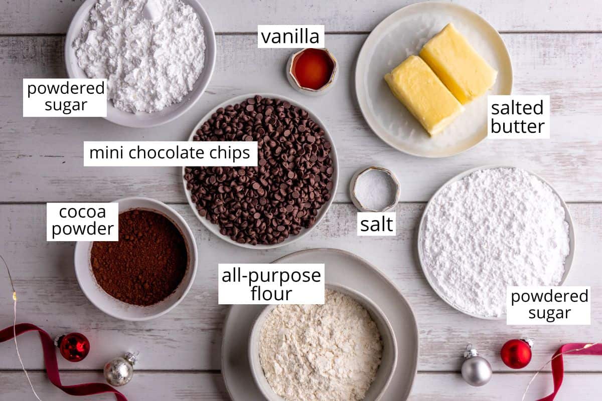 overhead view of the labeled ingredients in this Chocolate Snowball Cookies recipe