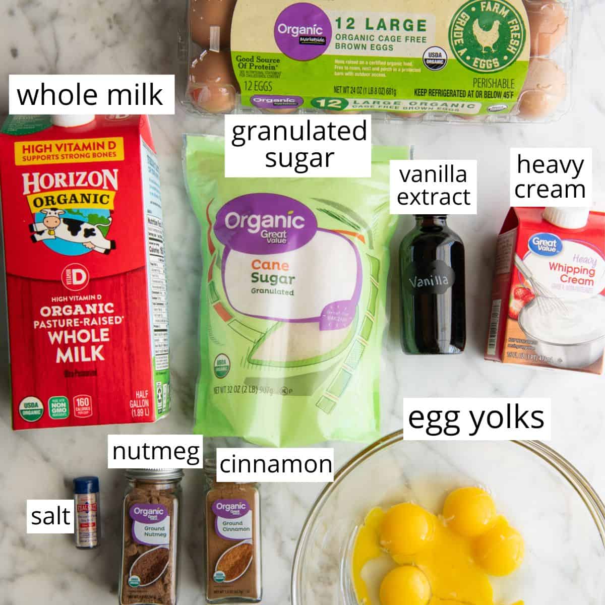 overhead photo of the labeled ingredients in the eggnog recipe