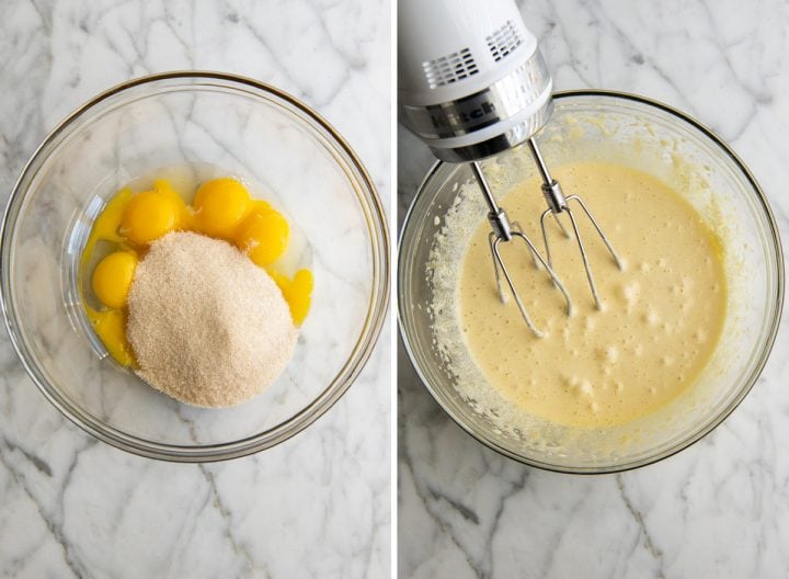 two photos showing How to Make Eggnog - beating eggs and sugar together